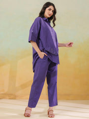 Purple Color Shirt Collar Pure Cotton Co-ords Set for Women - SanskrutiHomes 