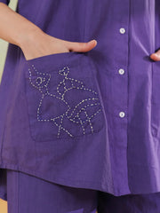 Purple Color Shirt Collar Pure Cotton Co-ords Set for Women - SanskrutiHomes 