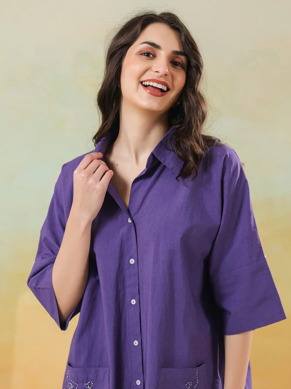 Purple Color Shirt Collar Pure Cotton Co-ords Set for Women - SanskrutiHomes 