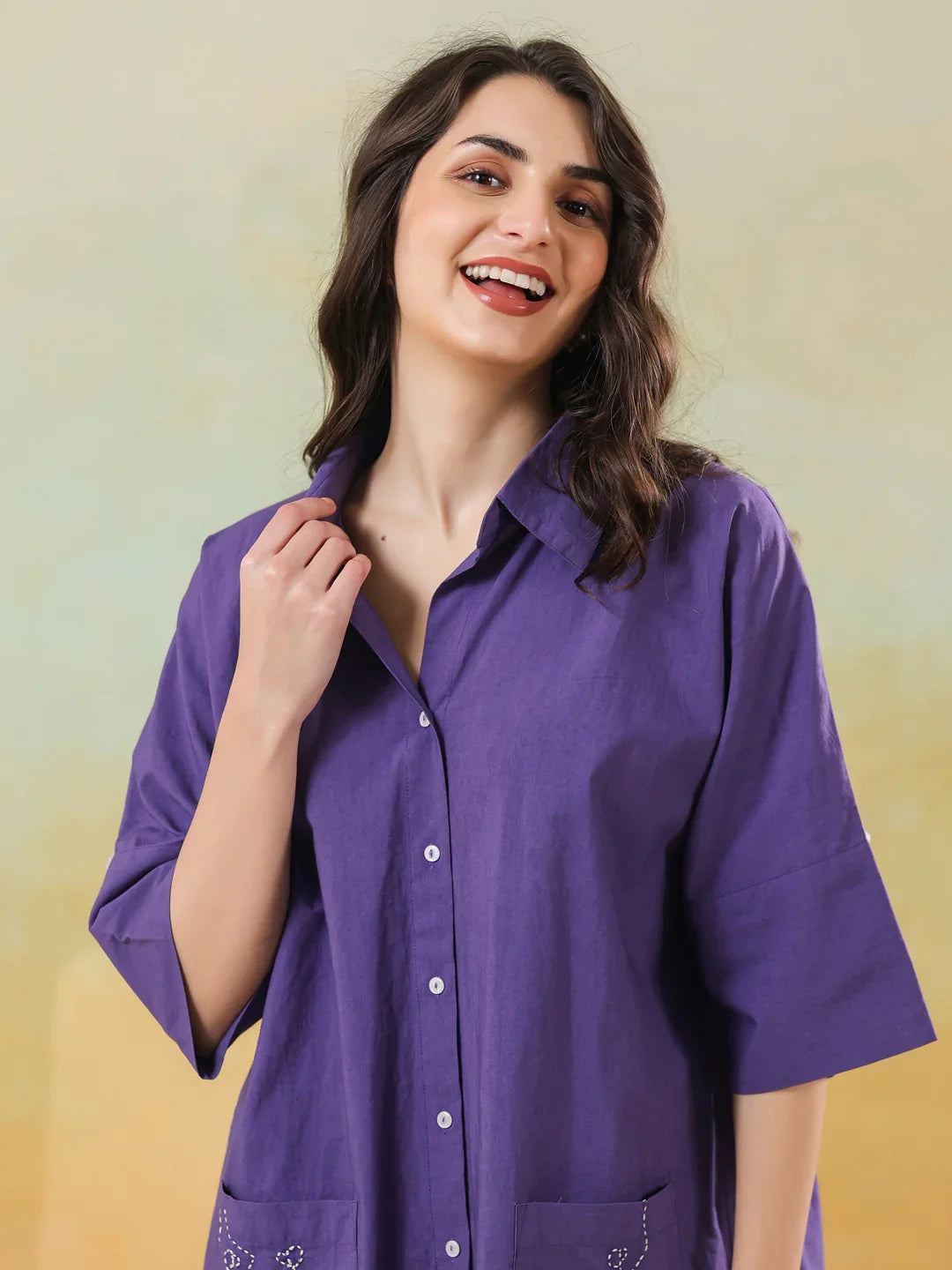 Purple Color Shirt Collar Pure Cotton Co-ords Set for Women - SanskrutiHomes 