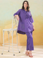 Purple Color Shirt Collar Pure Cotton Co-ords Set for Women - SanskrutiHomes 