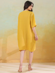 Yellow Solid Round Neck Pure Linen Kaftan Dress For Women