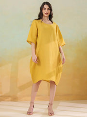 Yellow Solid Round Neck Pure Linen Kaftan Dress For Women
