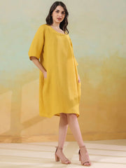 Yellow Solid Round Neck Pure Linen Kaftan Dress For Women