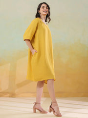 Yellow Solid Round Neck Pure Linen Kaftan Dress For Women
