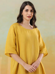 Yellow Solid Round Neck Pure Linen Kaftan Dress For Women