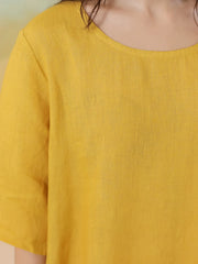 Yellow Solid Round Neck Pure Linen Kaftan Dress For Women