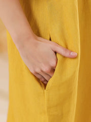 Yellow Solid Round Neck Pure Linen Kaftan Dress For Women
