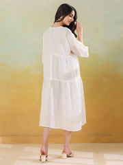 White Solid Cotton Linen Blend Dress for Women - SanskrutiHomes 