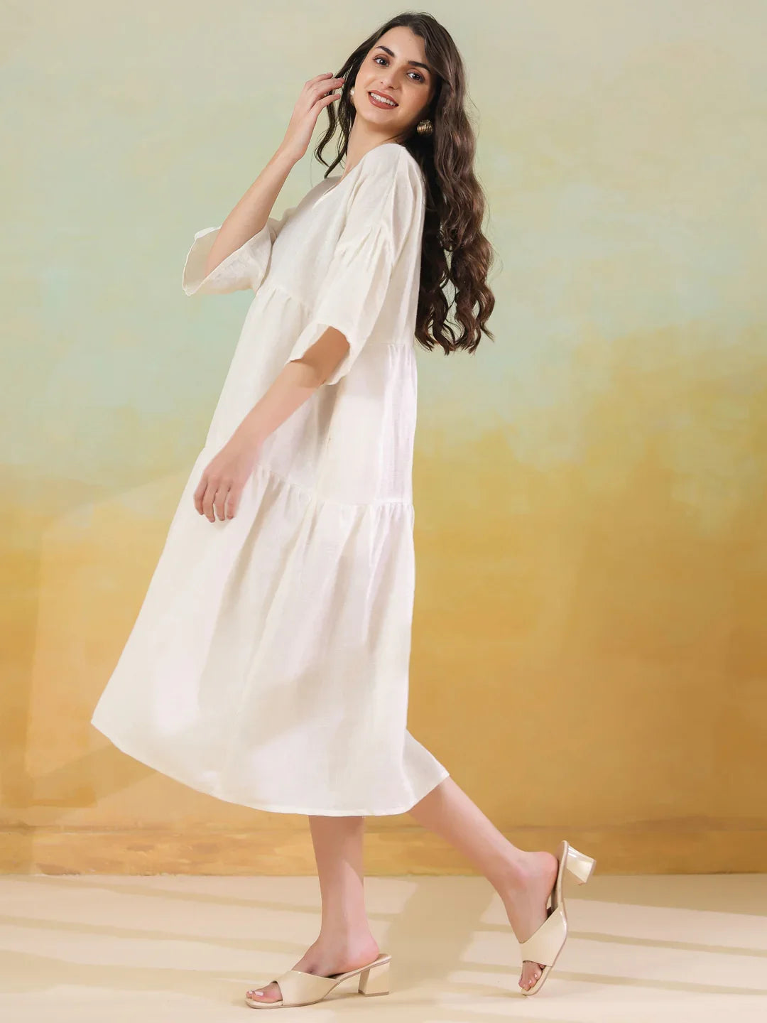 White Solid Cotton Linen Blend Dress for Women - SanskrutiHomes 