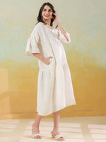 White Solid Cotton Linen Blend Dress for Women - SanskrutiHomes 