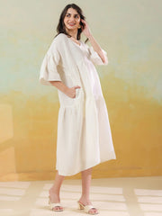 White Solid Cotton Linen Blend Dress for Women - SanskrutiHomes 
