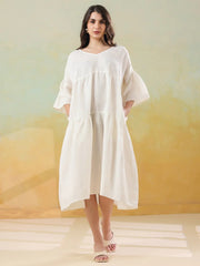 White Solid Cotton Linen Blend Dress for Women - SanskrutiHomes 