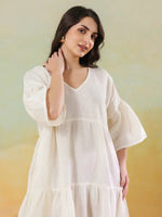 White Solid Cotton Linen Blend Dress for Women - SanskrutiHomes 