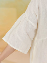 White Solid Cotton Linen Blend Dress for Women - SanskrutiHomes 