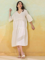 White Solid Cotton Linen Blend Dress for Women - SanskrutiHomes 