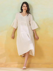 White Solid Cotton Linen Blend Dress for Women - SanskrutiHomes 