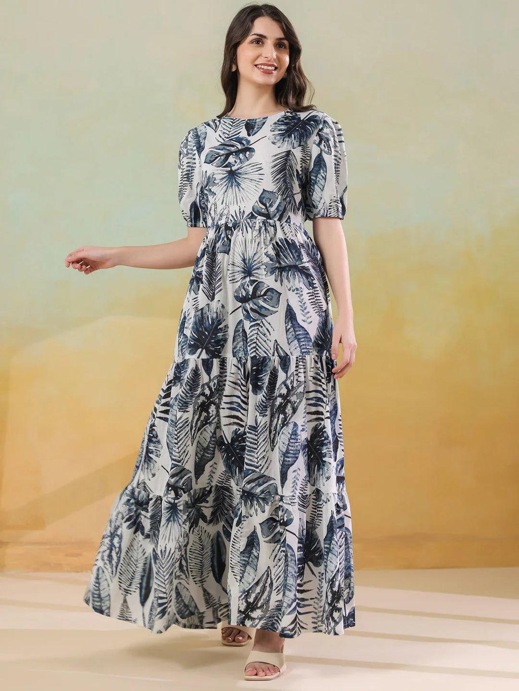 Grey Floral Printed Round Neck Dress for Women - SanskrutiHomes 