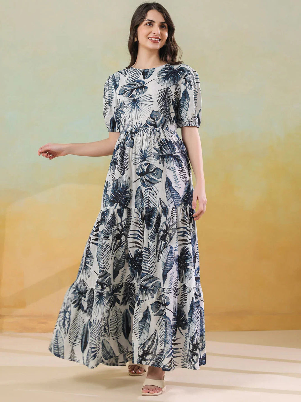 Grey Floral Printed Round Neck Dress for Women - SanskrutiHomes 