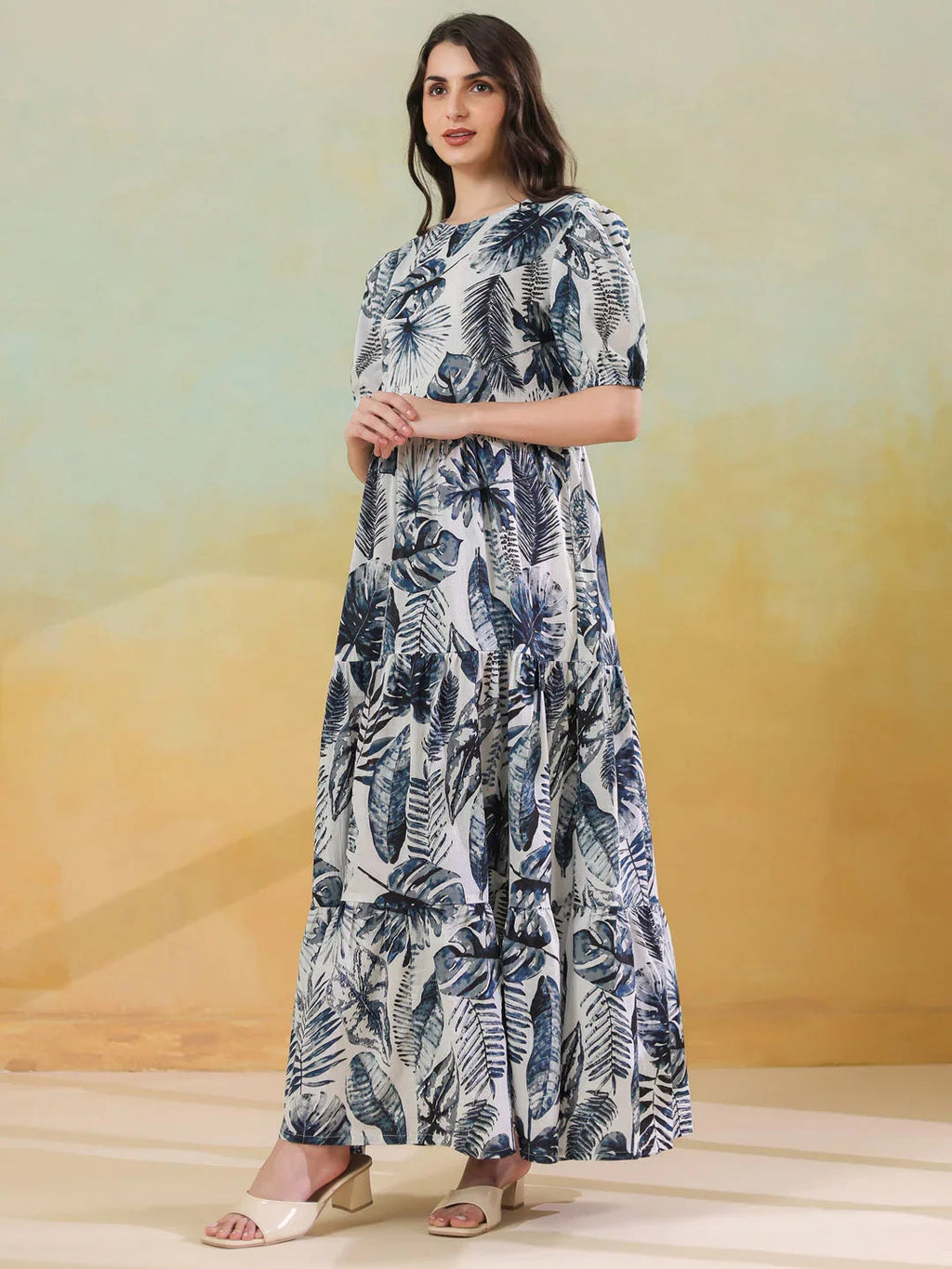 Grey Floral Printed Round Neck Dress for Women - SanskrutiHomes 