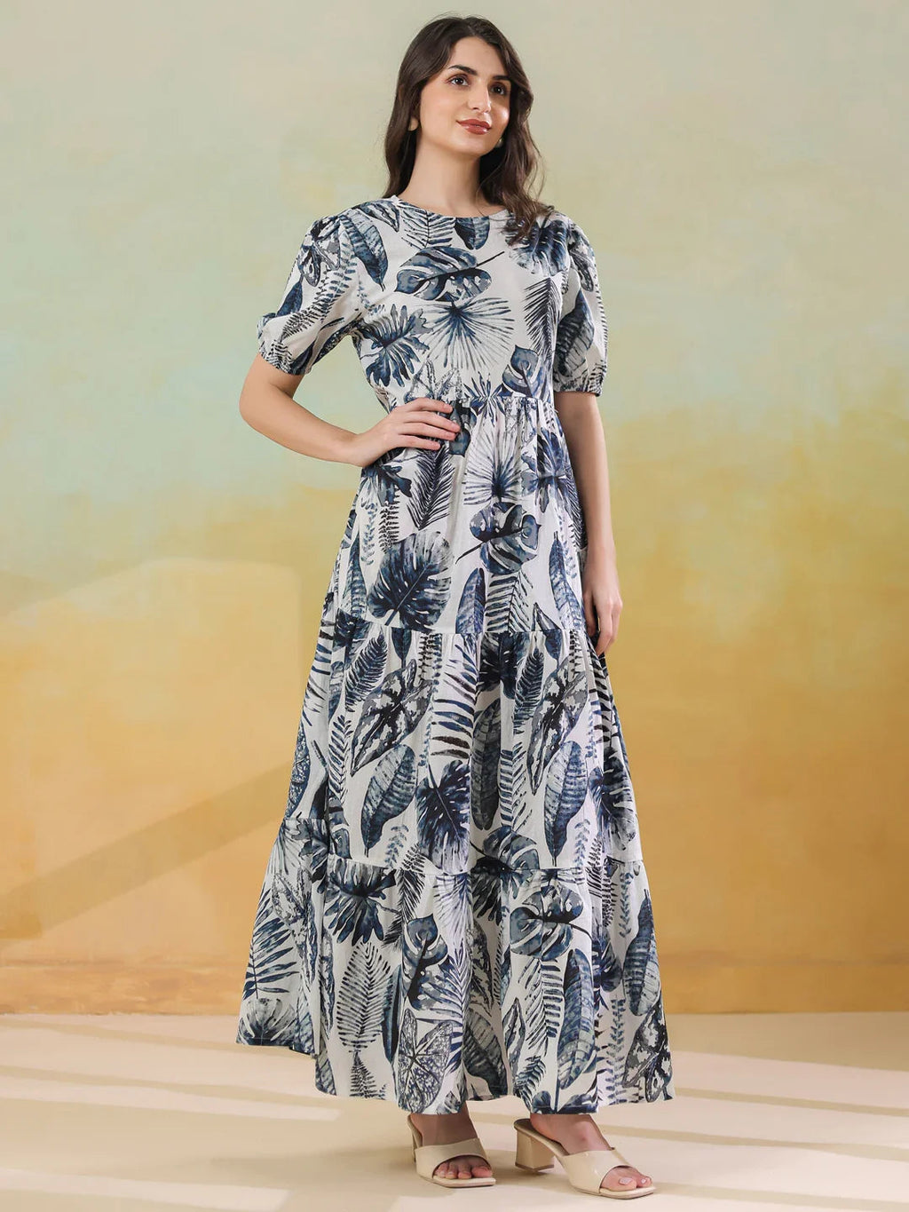 Grey Floral Printed Round Neck Dress for Women - SanskrutiHomes 