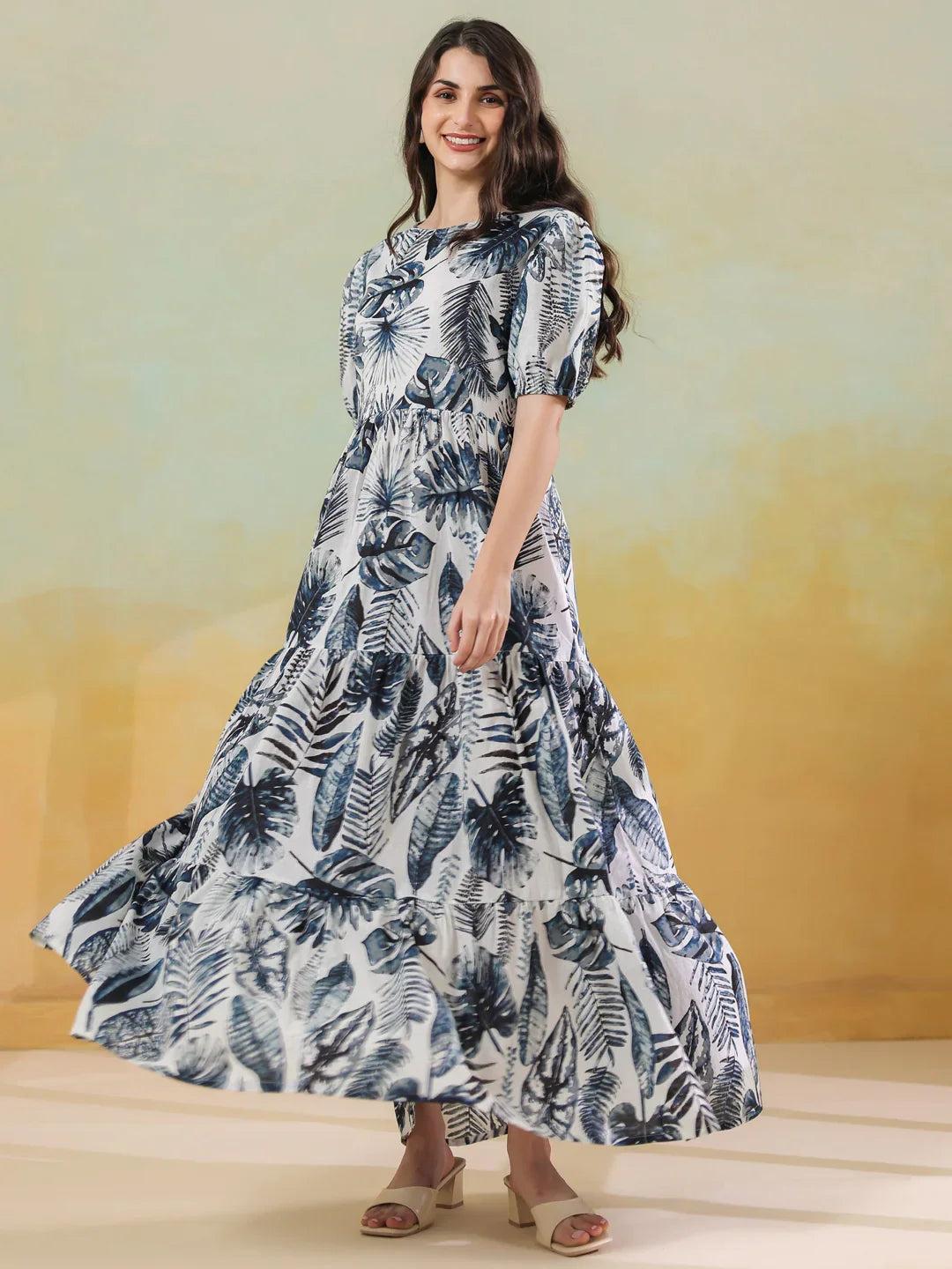 Grey Floral Printed Round Neck Dress for Women - SanskrutiHomes 