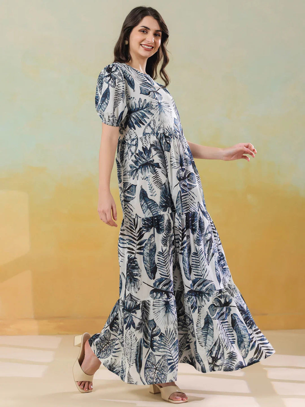 Grey Floral Printed Round Neck Dress for Women - SanskrutiHomes 