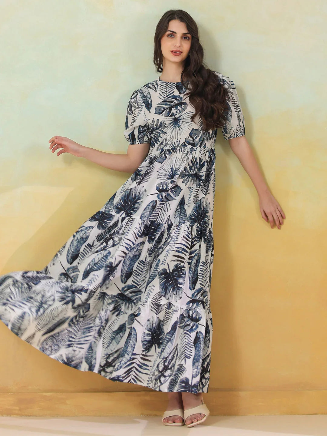 Grey Floral Printed Round Neck Dress for Women - SanskrutiHomes 
