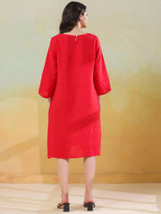 Red Linen Blend Round Neck Dress For Women