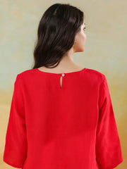 Red Linen Blend Round Neck Dress For Women