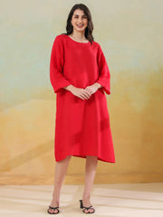 Red Linen Blend Round Neck Dress For Women
