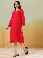 Red Linen Blend Round Neck Dress For Women