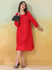 Red Linen Blend Round Neck Dress For Women