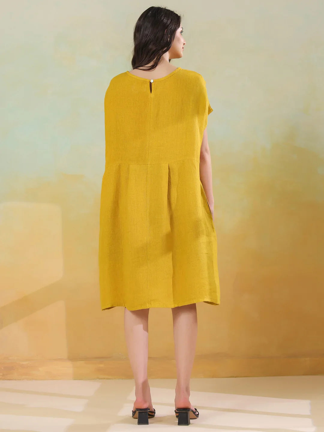 Yellow Solid Linen Blend Dress for Women - SanskrutiHomes 