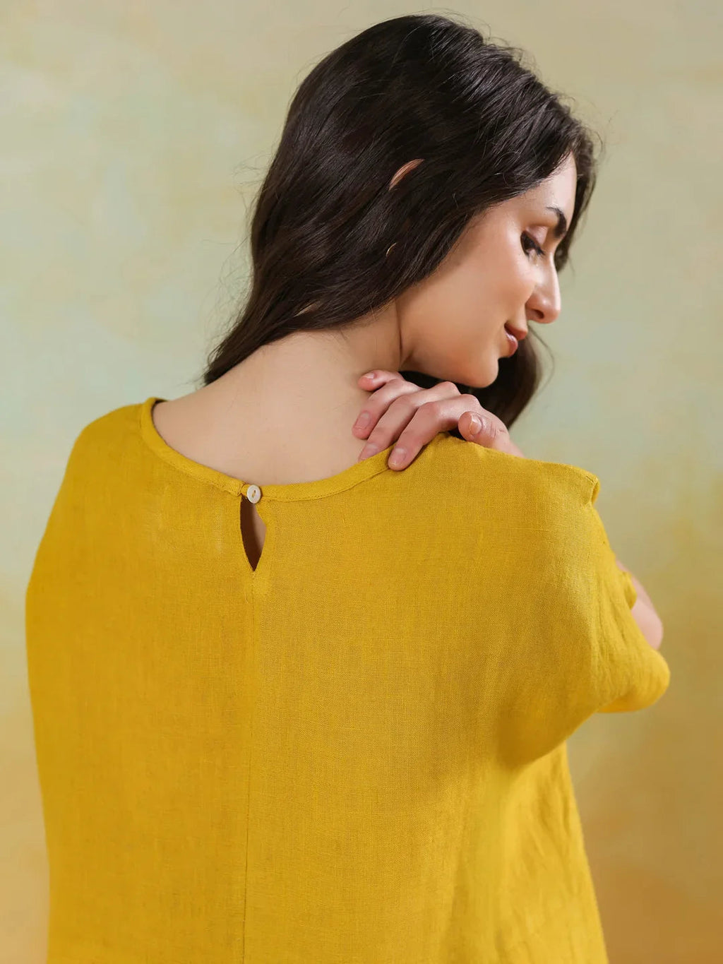 Yellow Solid Linen Blend Dress for Women - SanskrutiHomes 