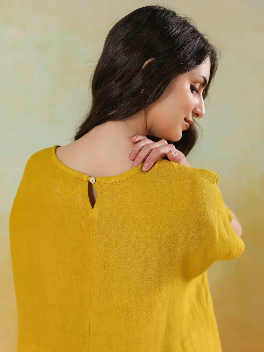 Yellow Solid Linen Blend Dress for Women - SanskrutiHomes 