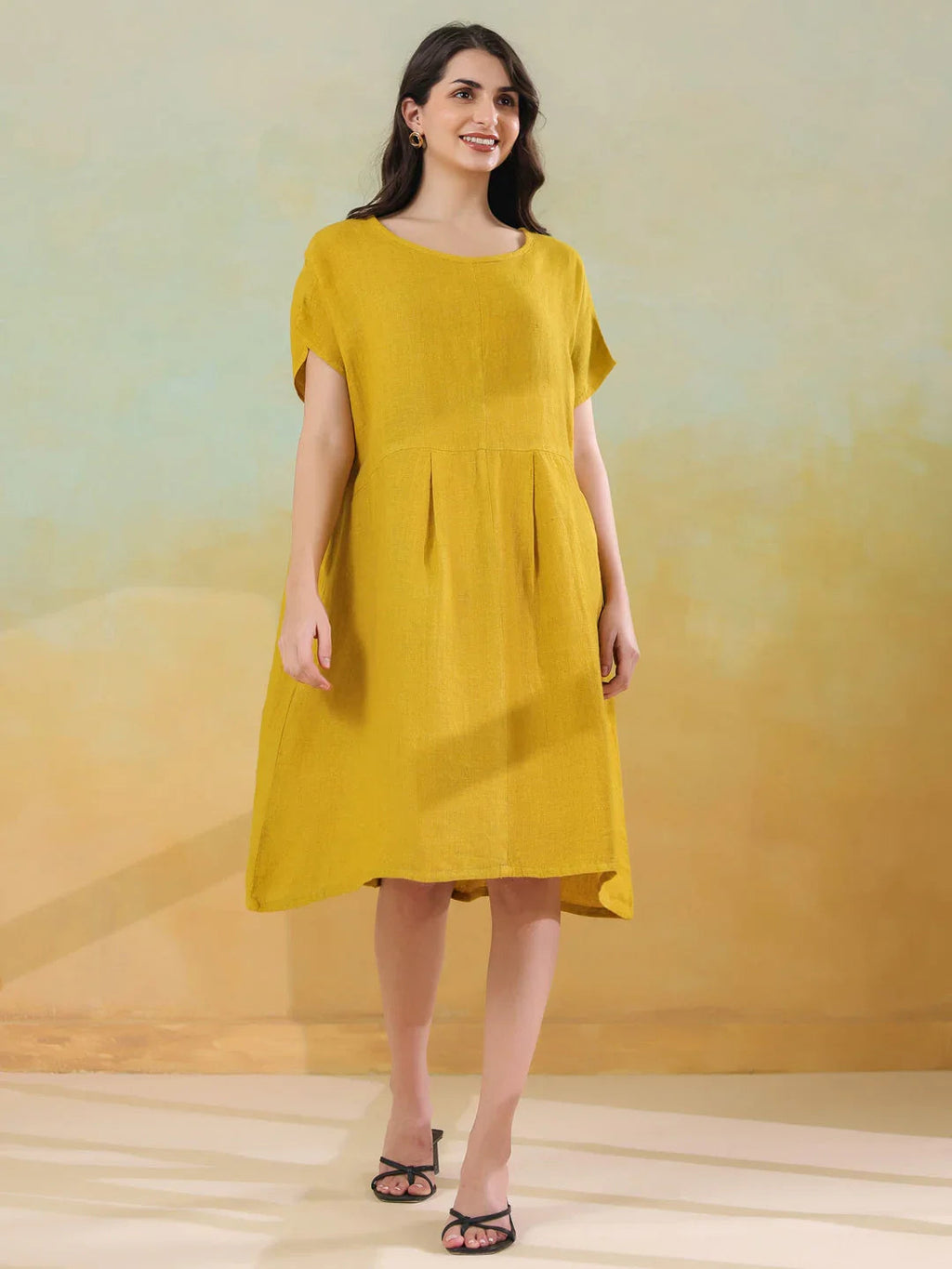Yellow Solid Linen Blend Dress for Women - SanskrutiHomes 