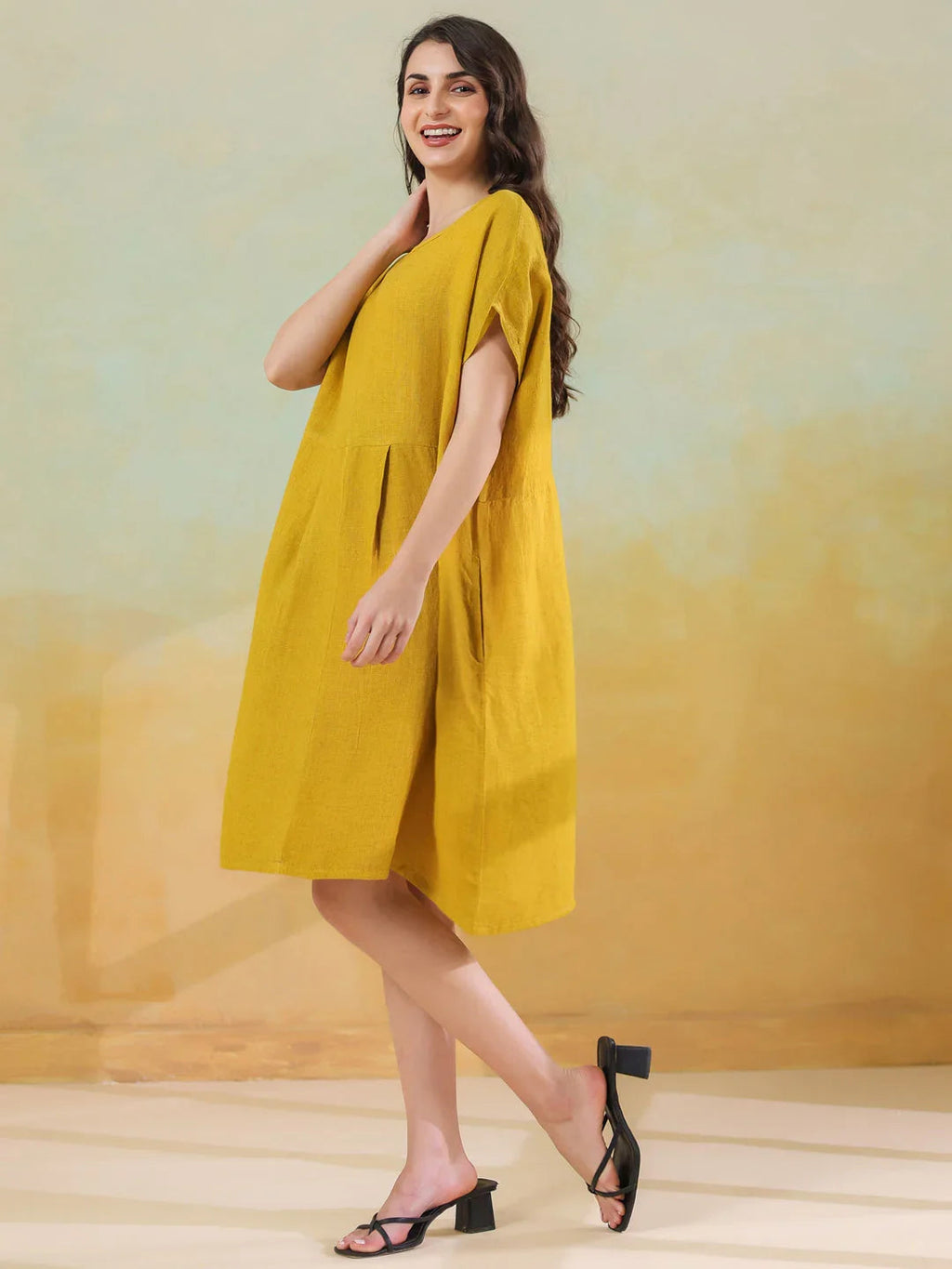 Yellow Solid Linen Blend Dress for Women - SanskrutiHomes 