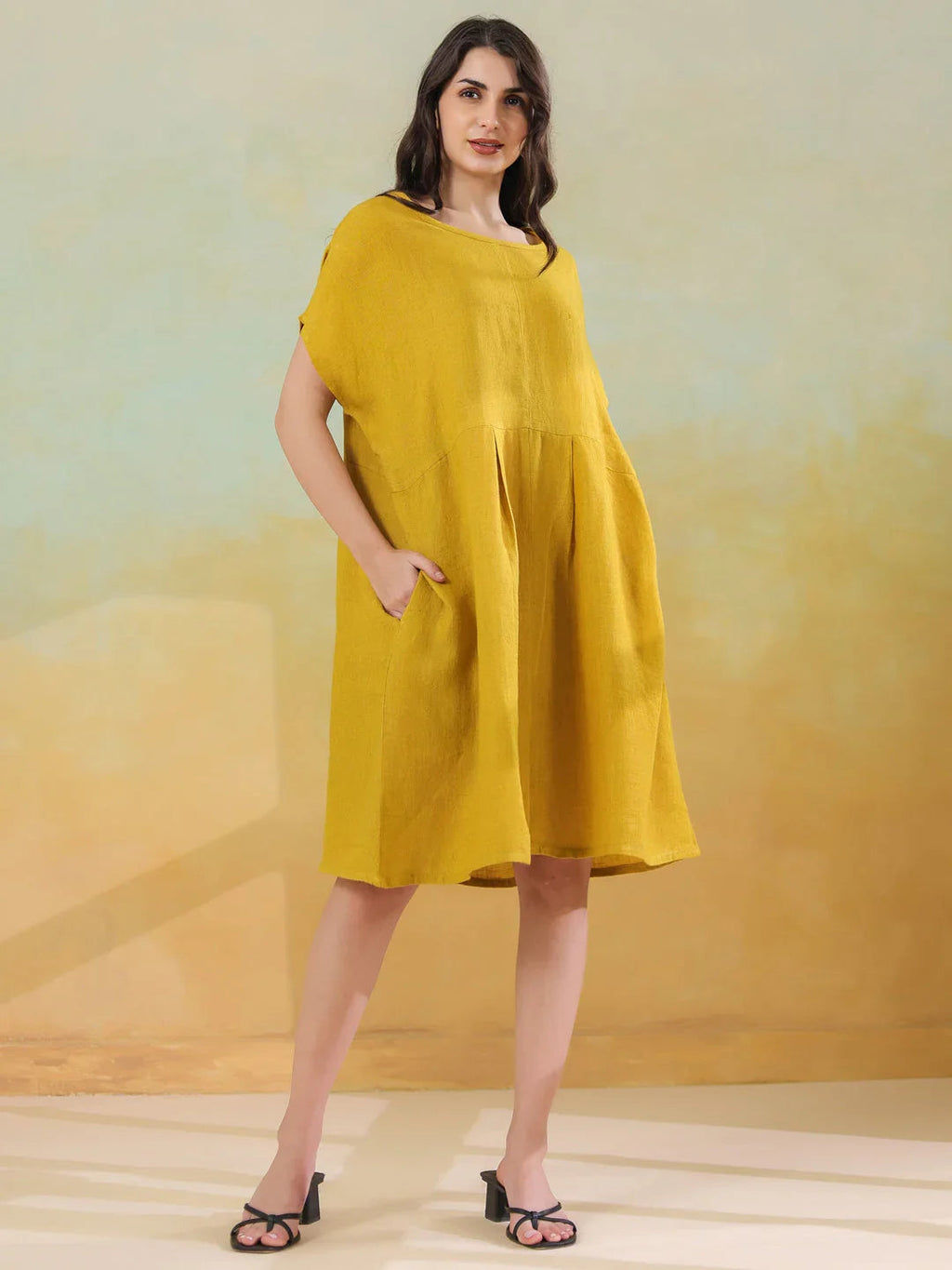 Yellow Solid Linen Blend Dress for Women - SanskrutiHomes 
