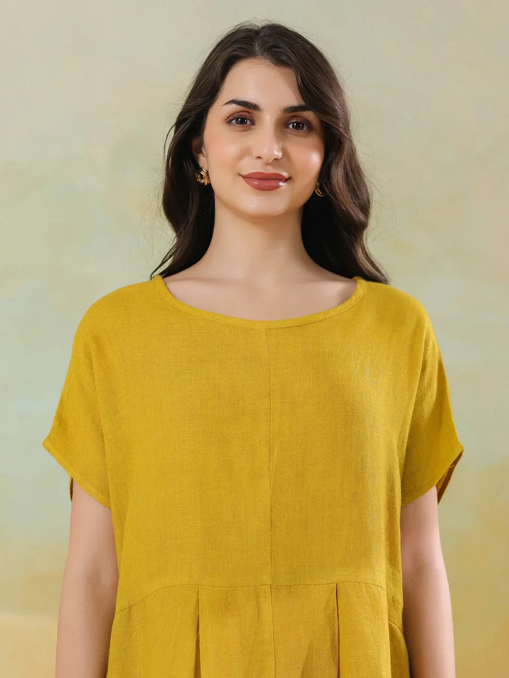 Yellow Solid Linen Blend Dress for Women - SanskrutiHomes 