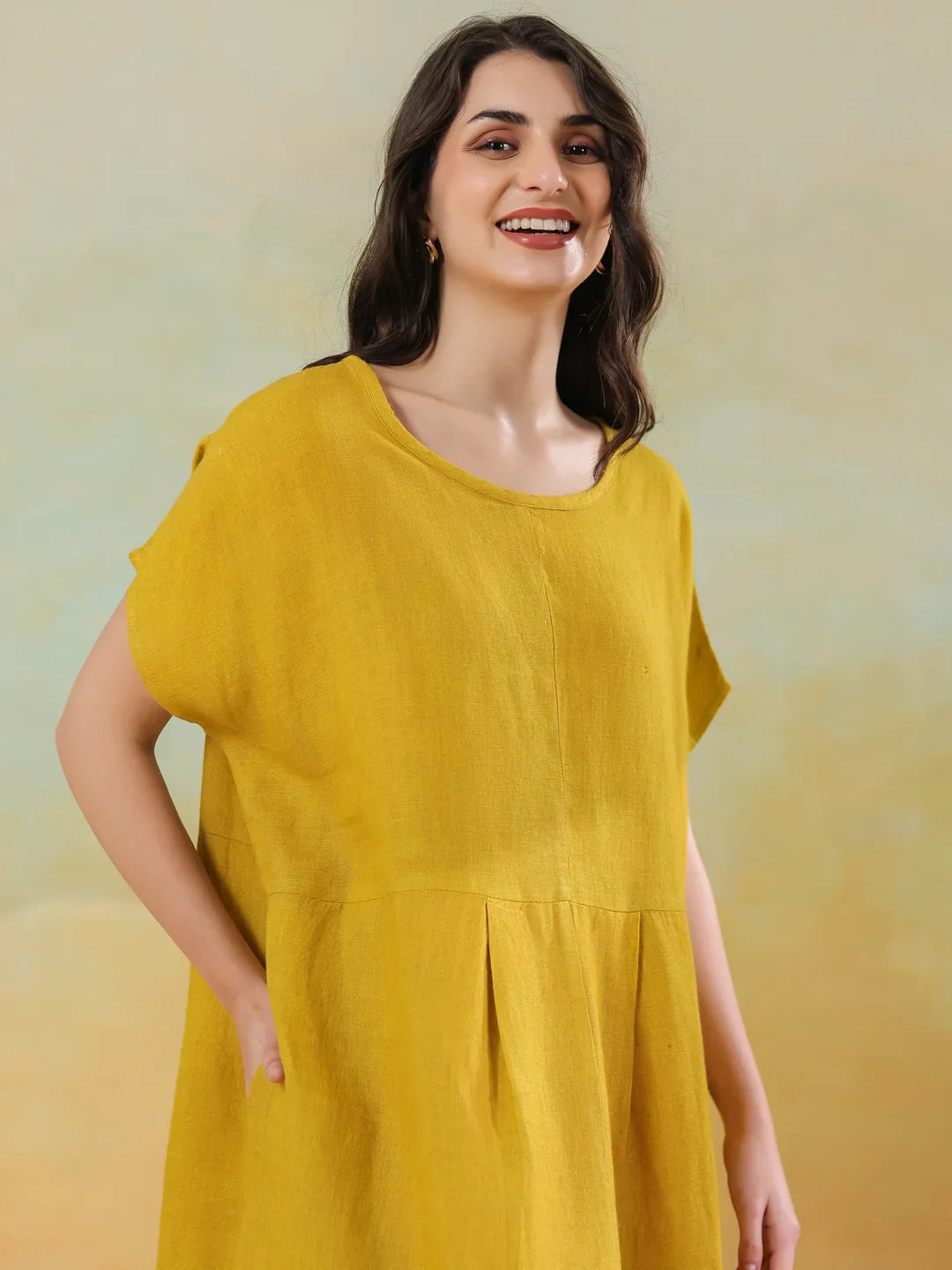 Yellow Solid Linen Blend Dress for Women - SanskrutiHomes 