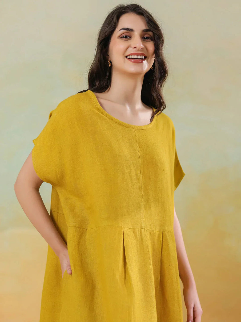 Yellow Solid Linen Blend Dress for Women - SanskrutiHomes 