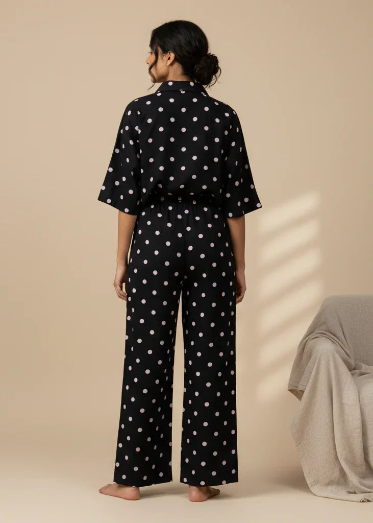 Black polka dot V-Neck Cotton Night Suit Set For Women - SanskrutiHomes 