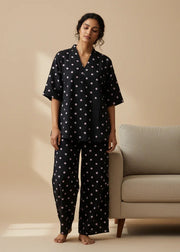 Black polka dot V-Neck Cotton Night Suit Set For Women - SanskrutiHomes 