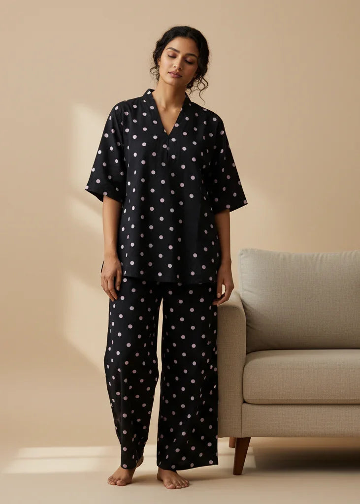 Black polka dot V-Neck Cotton Night Suit Set For Women - SanskrutiHomes 