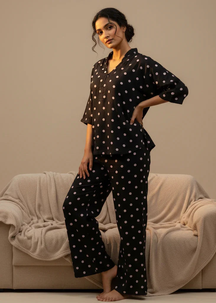 Black polka dot V-Neck Cotton Night Suit Set For Women - SanskrutiHomes 