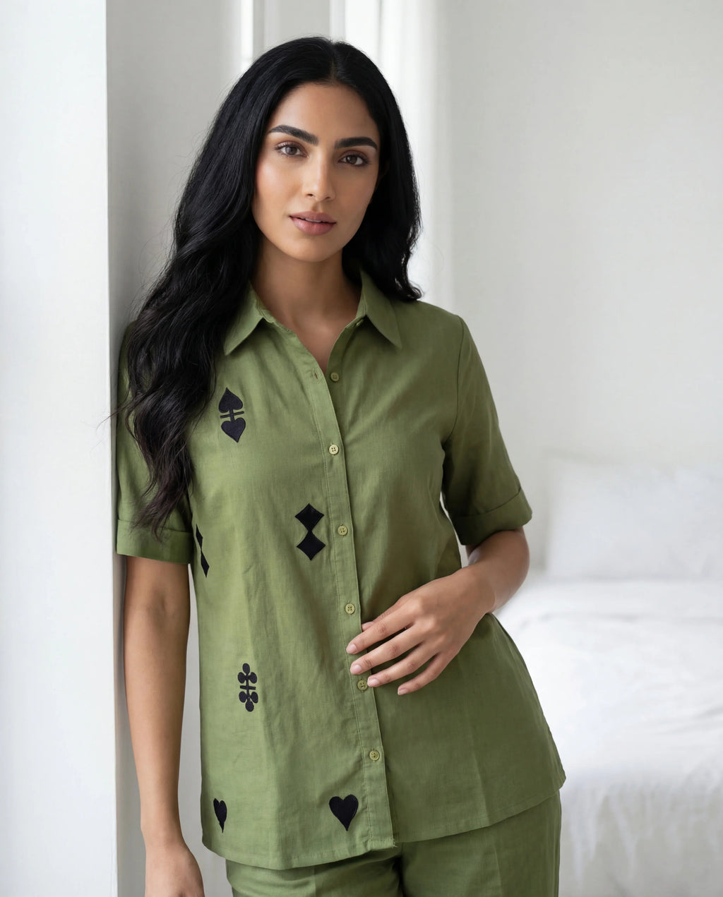 Green Color Shirt Collar Cotton Co-ords Set for Women - SanskrutiHomes 