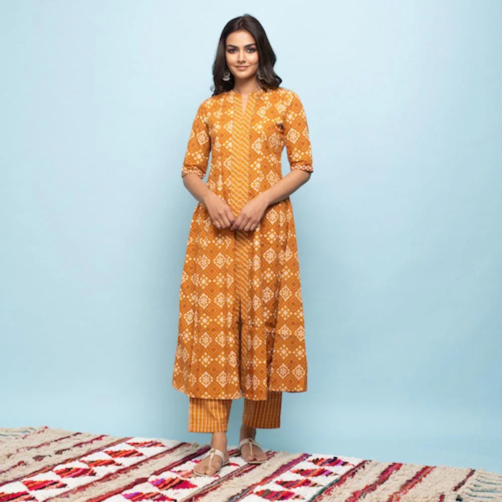 Rang Deep Women Set of Mustard Cotton Kurta with Palazzo - SanskrutiHomes 