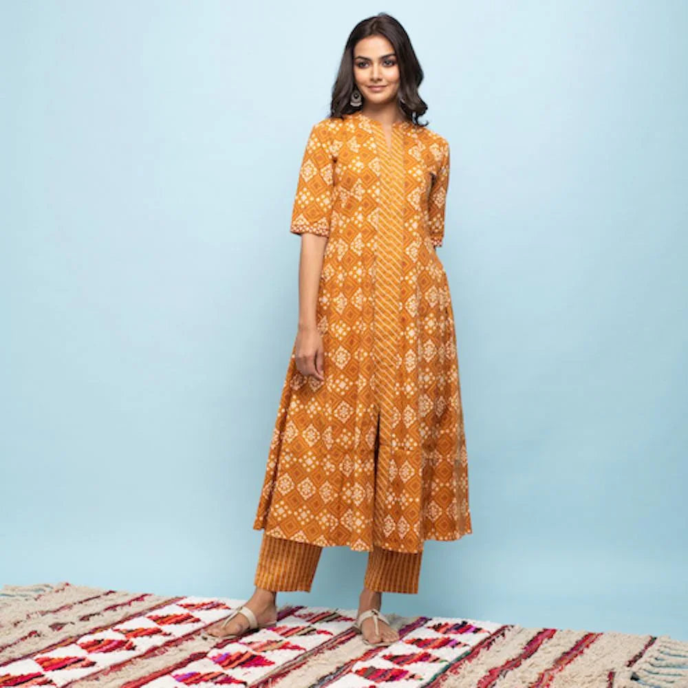 Rang Deep Women Set of Mustard Cotton Kurta with Palazzo - SanskrutiHomes 