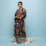 Black Cotton Hand printed kimono robe - SanskrutiHomes 